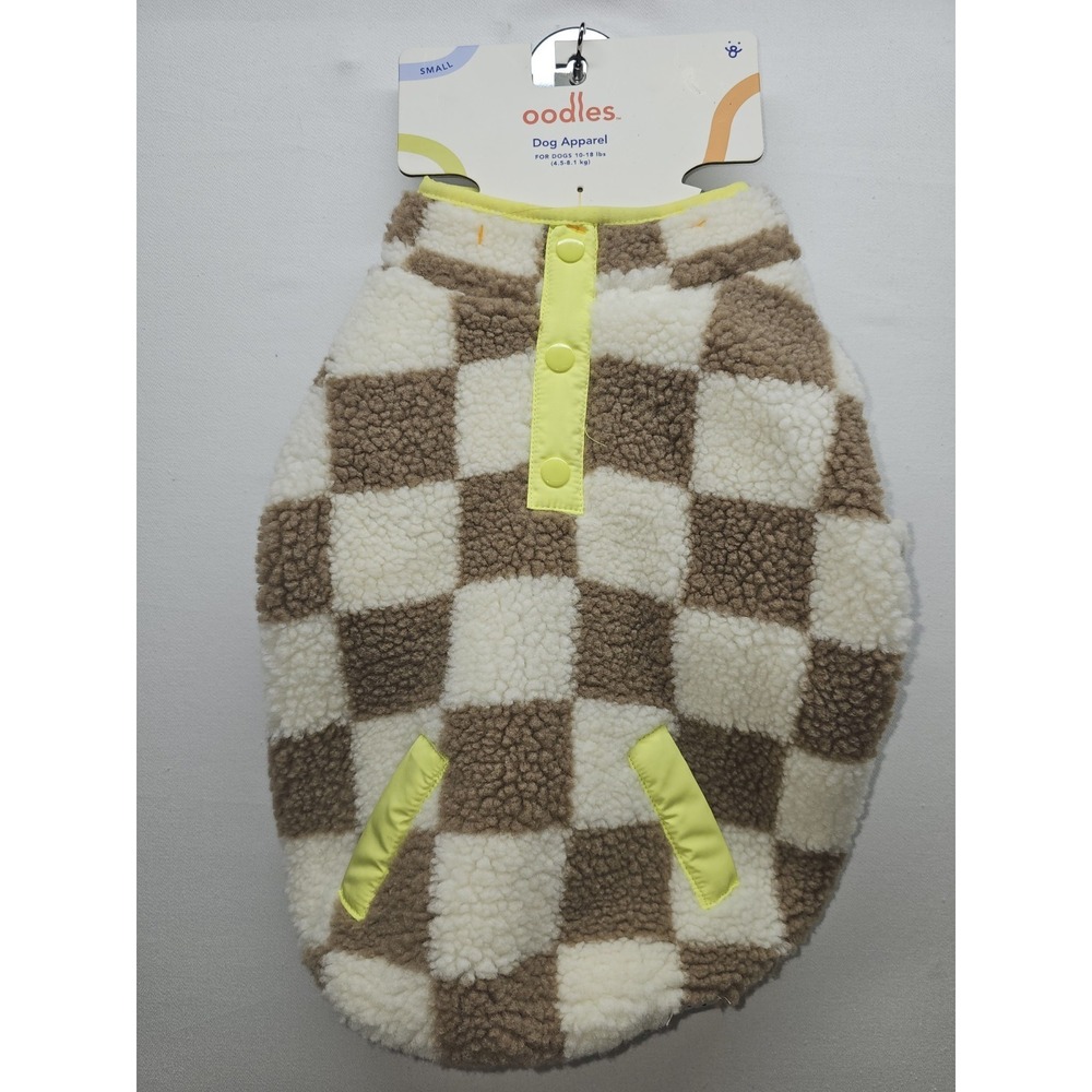 Oodles Dog Fleece Jacket Small S NWT Brown Cream Checkered Snap Button Fleece